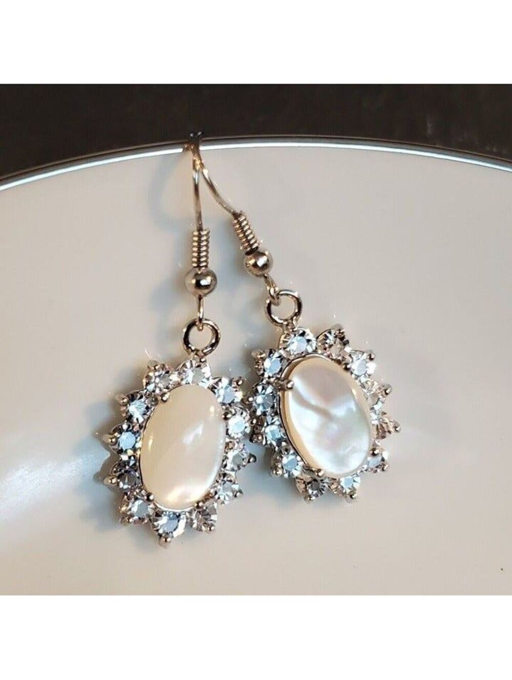 Elegant Mother Pearl Shell Oval Cab Lab Diamonds Silver Platinum Plated Earrings